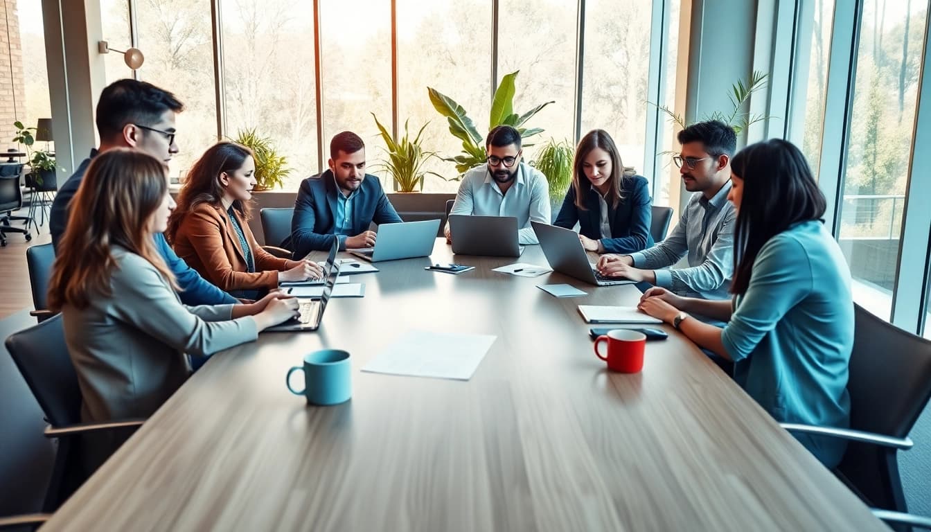 Collaborative business professionals discussing WPS官网 solutions in a modern office setting.
