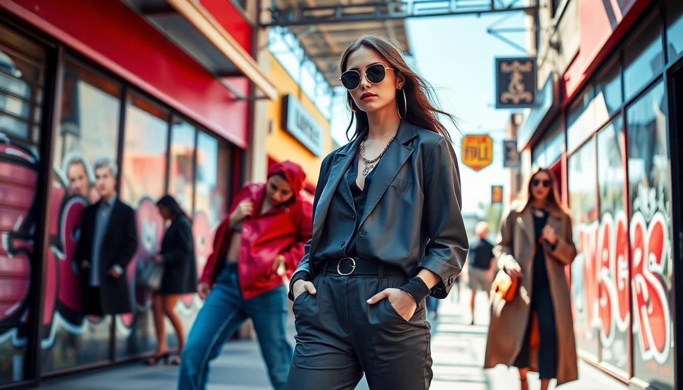 Showcasing unique Fashion styles in a vibrant urban setting with accessories.