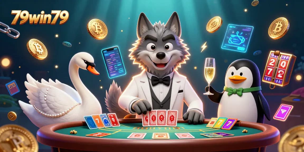 Engaging scene showcasing 79win79 with cartoon characters at a vibrant baccarat table, surrounded by crypto coins.