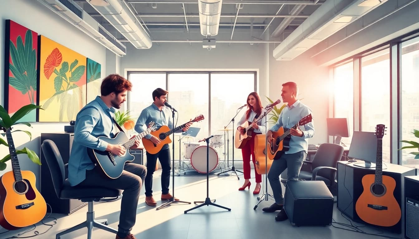 Leading music pr firm team strategizing in a vibrant office filled with musical elements.