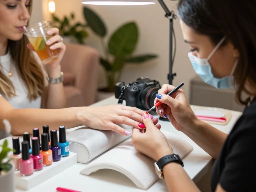 Skilled technician applying gel manicure nails in a vibrant beauty salon.