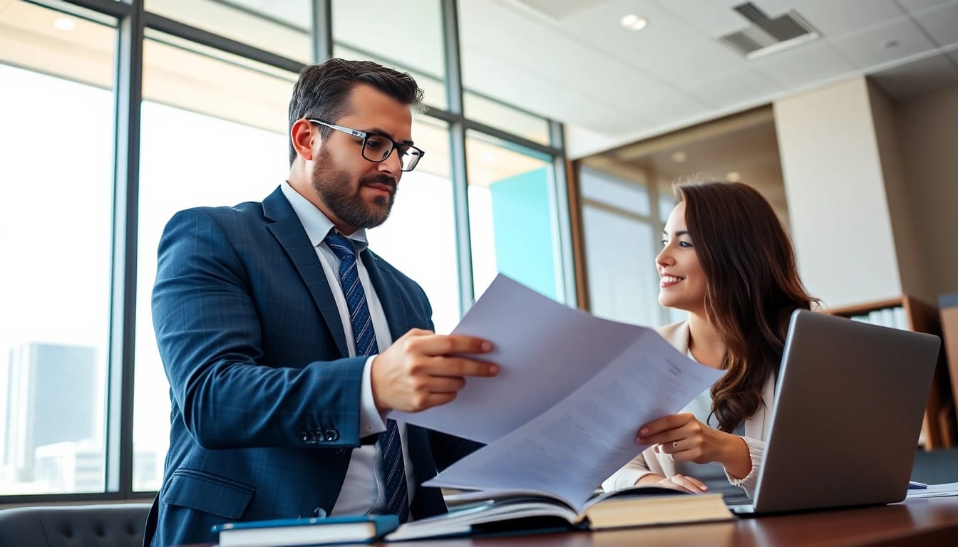 Orlando Personal Injury Lawyer reviewing case documents with a client in a modern office setting.