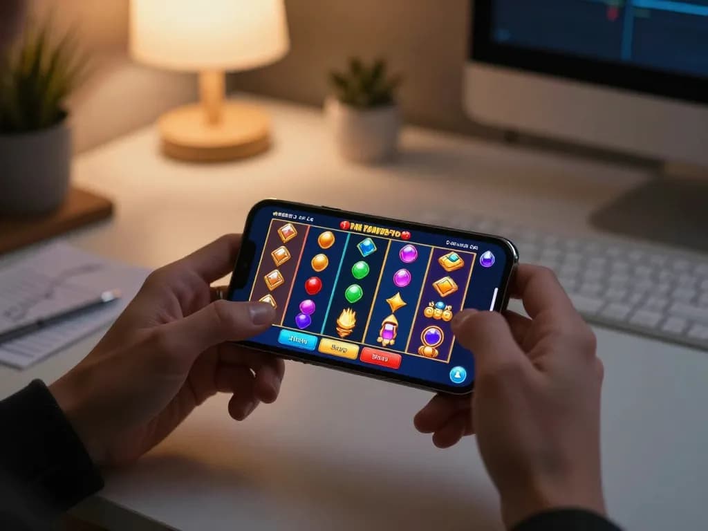 Exciting online gaming moment with link gacor slot winnings displayed on smartphone in cozy home setting.