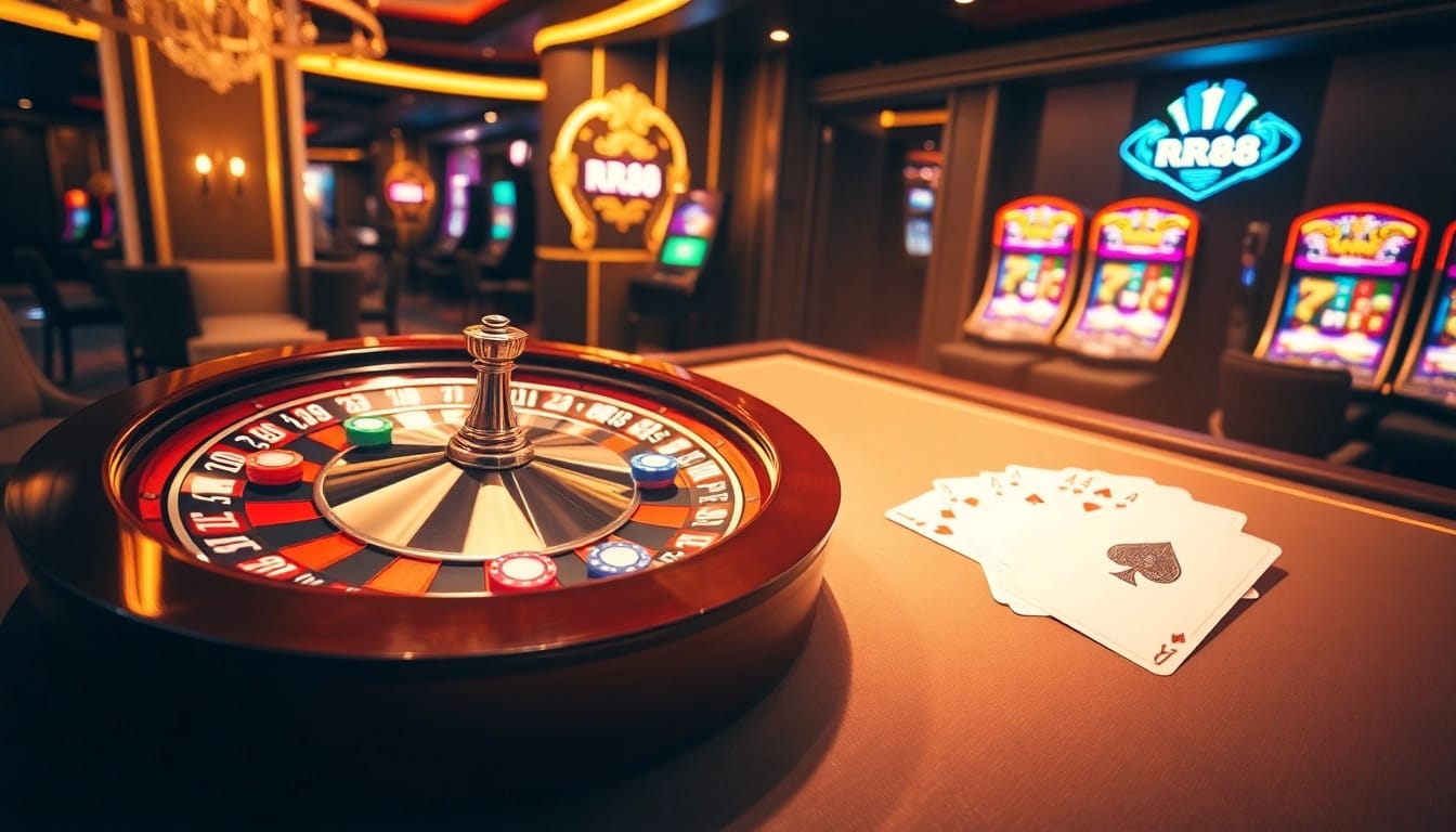 Experience the excitement of RR88 with a vibrant casino scene featuring roulette and poker elements.