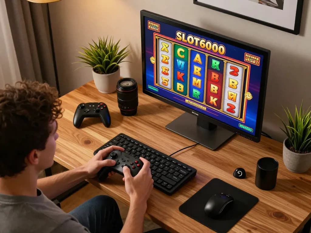 SLOT6000 gameplay on a vibrant screen engaging players in online gambling from a cozy home office.
