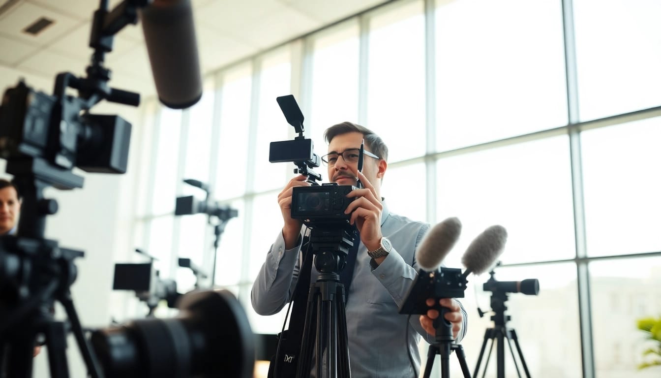 Engaging journalist covering news in a vibrant newsroom with advanced media tools.