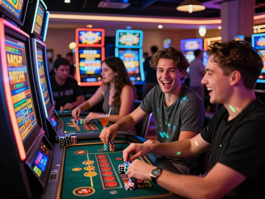 Friends enjoying wraungtoto games in a lively casino, showcasing excitement and fun.