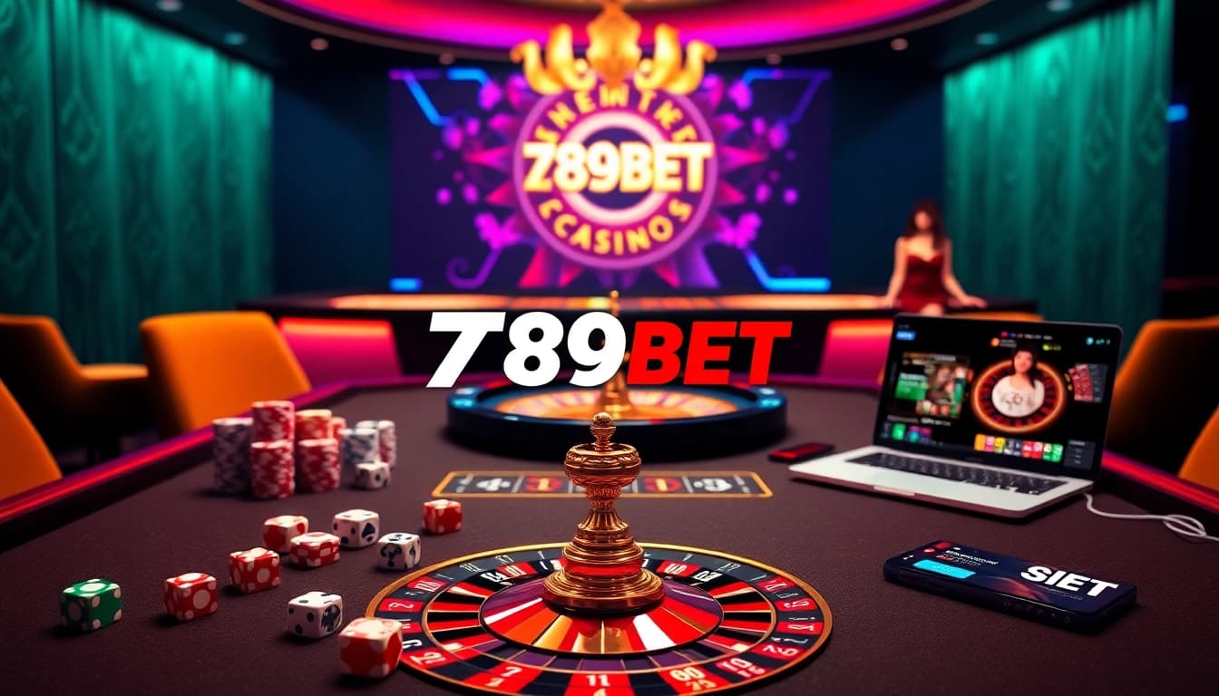 Players engaging with the 789BET logo in a vibrant, luxurious online casino setting.