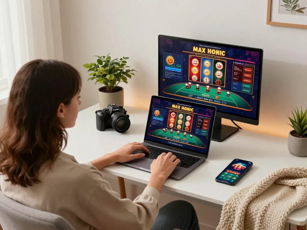 Engage in online gaming with Link vào win68 on a laptop, vibrant casino graphics on screen, personal and inviting atmosphere.