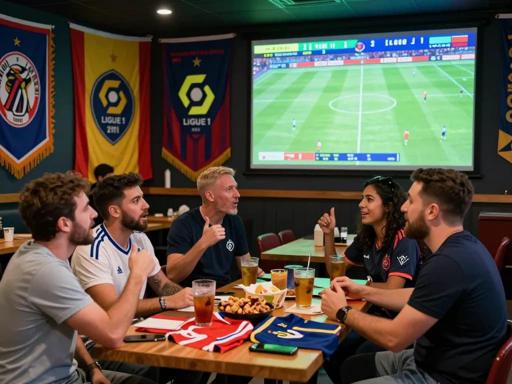 Fans enjoying soi kèo ligue 1 at a lively sports bar during a match, showcasing excitement and camaraderie.