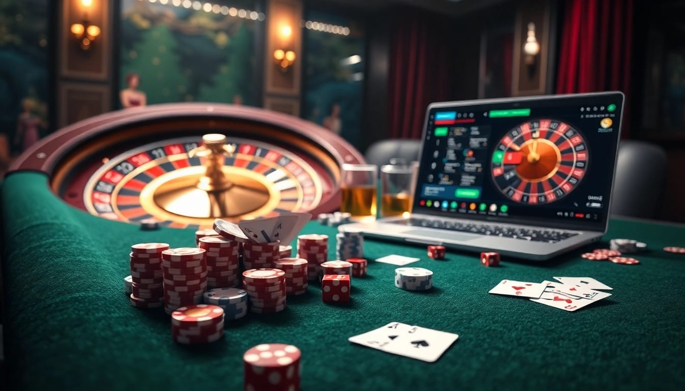 Visualize thrilling online gambling at 98win3h.blog with vibrant poker chips and cards on an elegant table.