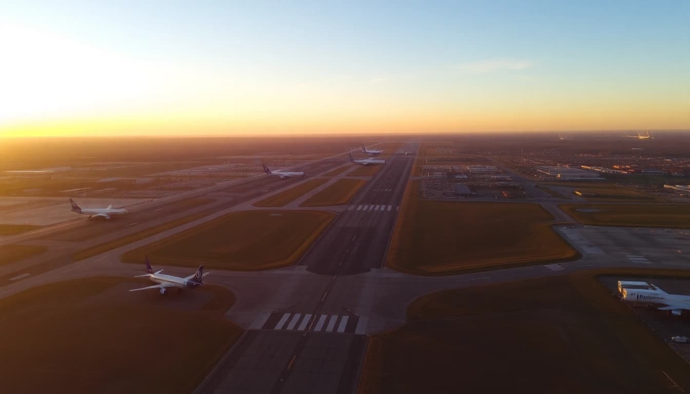 Birmingham Airport showcasing planes on the runway during sunset, highlighting the airport's busy atmosphere.