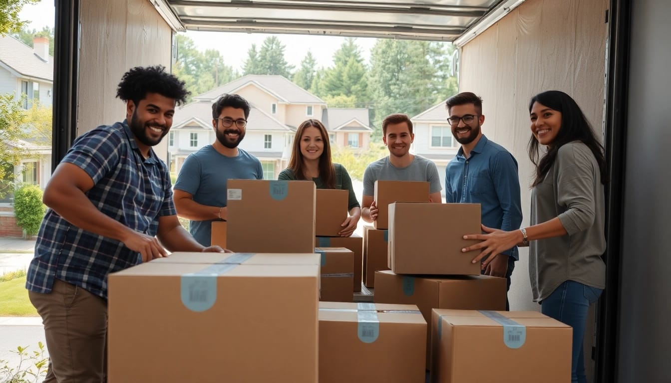 Moving Services professionals packing items efficiently for relocation in a sunny outdoor setting.