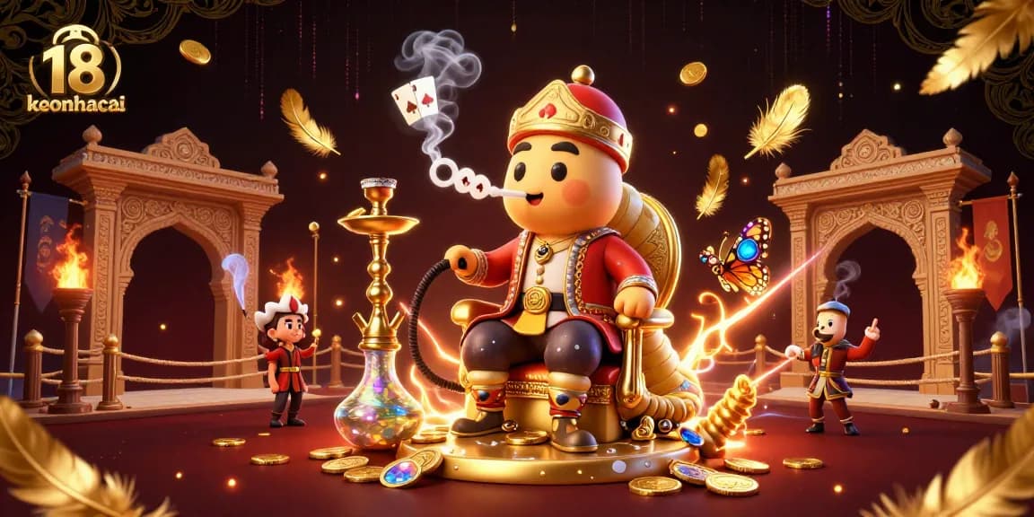 Experience keonhacai 18 with a captivating scene of a caterpillar hookah master and poker symbols.