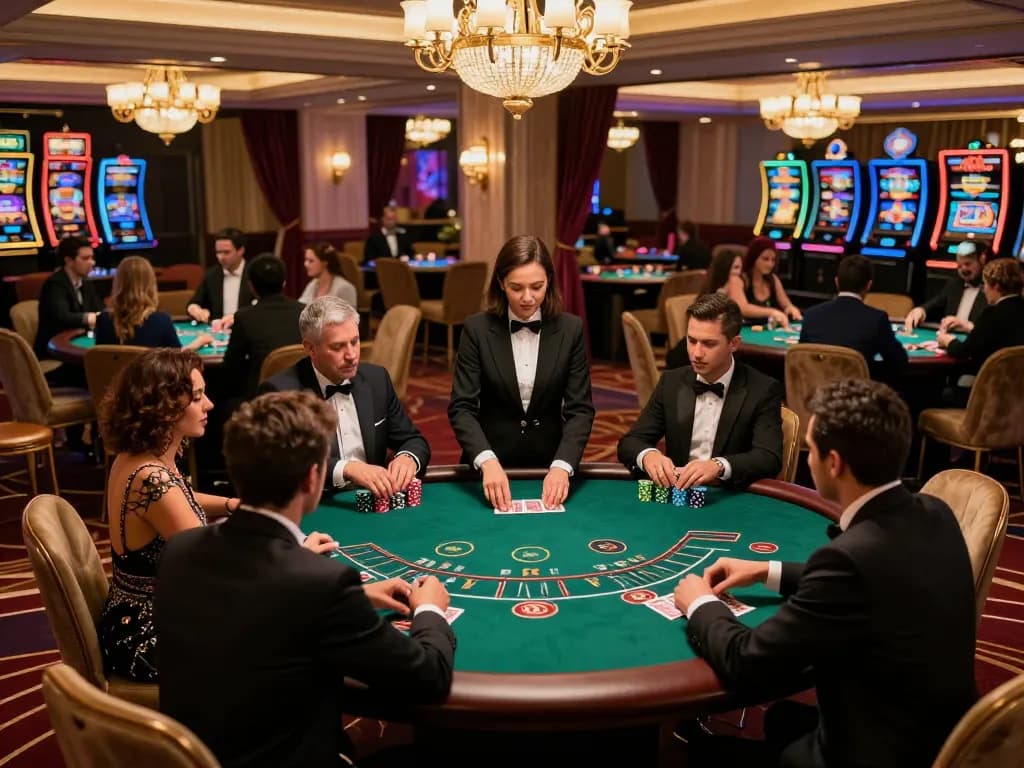 Players enjoying sun win blackjack at a luxurious casino table with a stylish dealer and vibrant atmosphere.