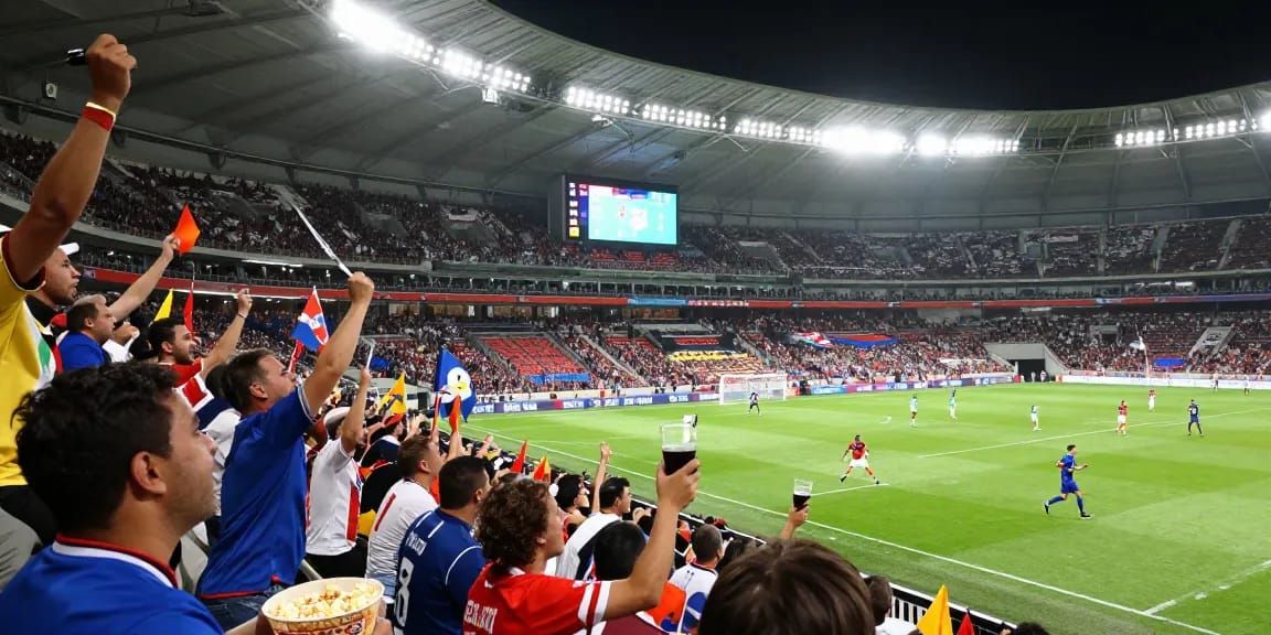 Live streaming bola di stadion dengan penggemar bersemangat dan aksi pemain di lapangan.