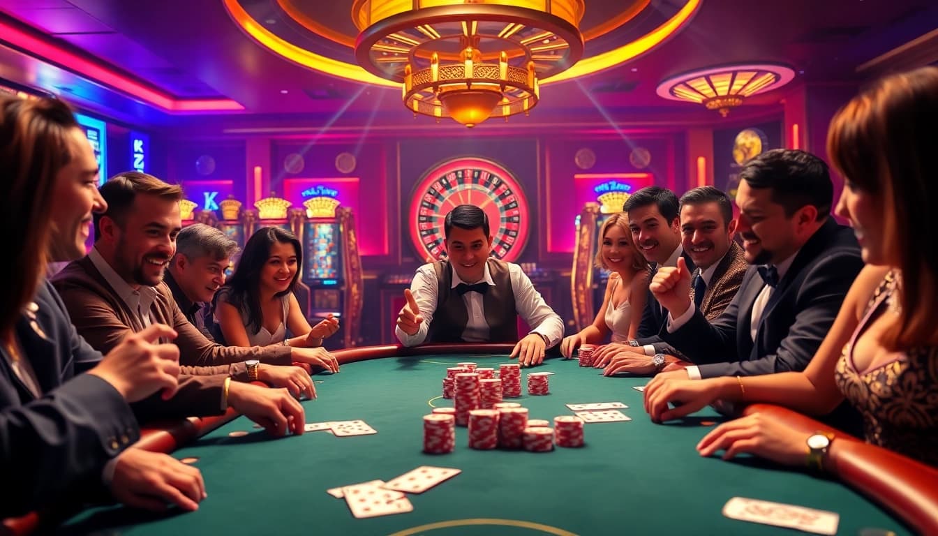 Experience the thrill of 98win with confident players at a luxurious poker table surrounded by casino excitement.