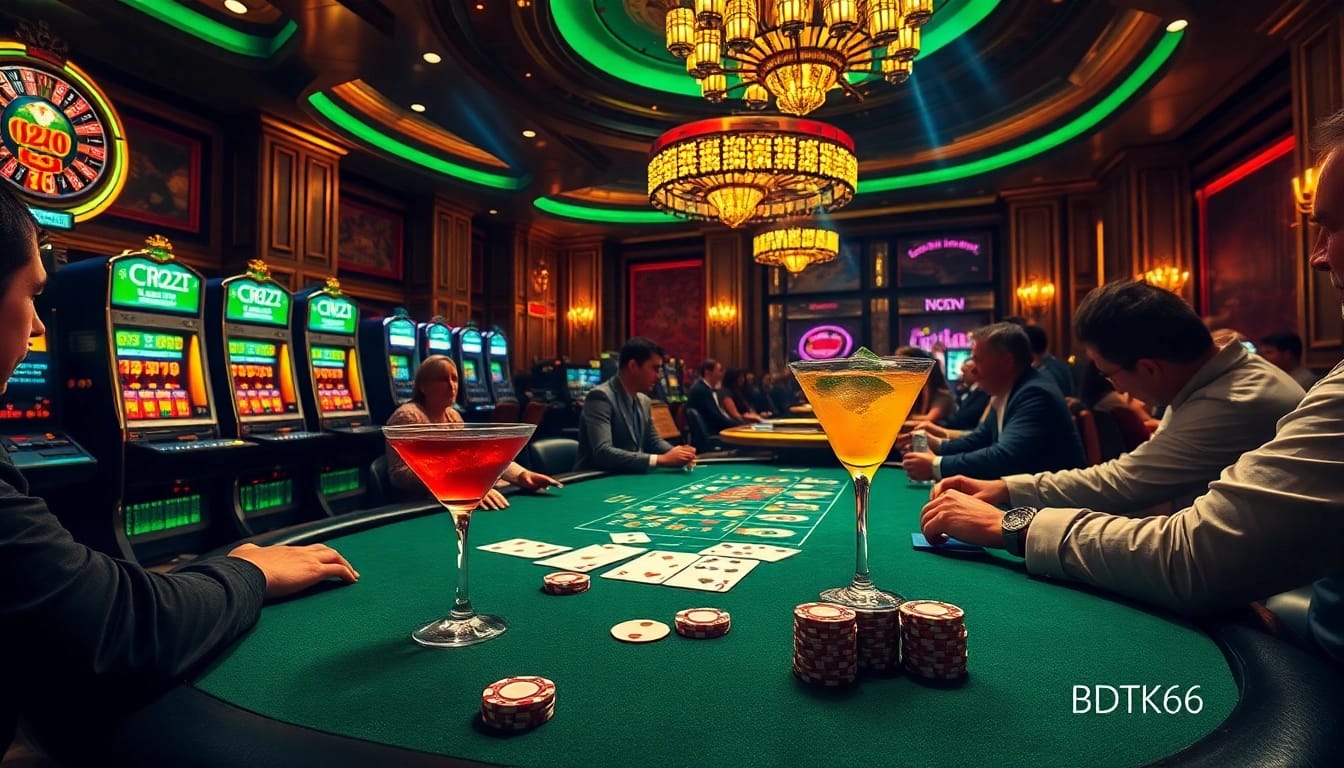 Players engaged in a thrilling game at a grand poker table showcasing the excitement of BDTK66 in a luxurious casino.