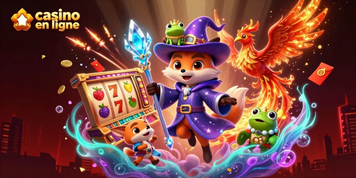 Casino en ligne avec un renard sorcier flottant, un phoenix, et des éléments de jeu comme des rouleaux de machines à sous.