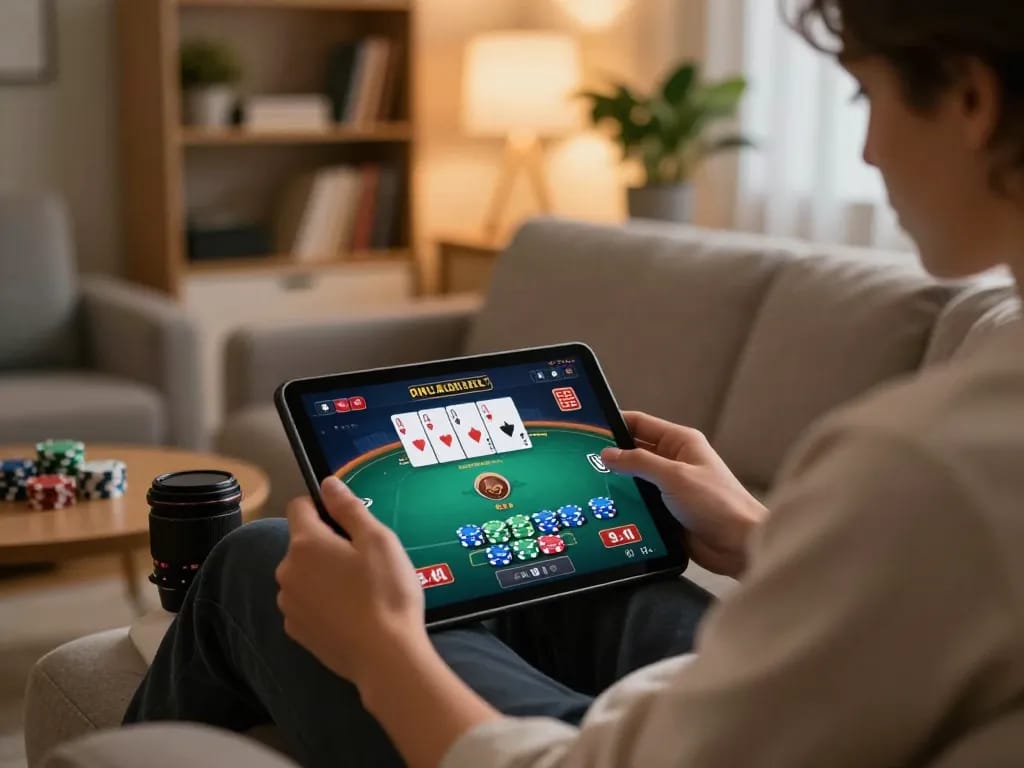 Engaging with kèo nhà cái via online poker game on tablet, cozy home setup with warm ambiance.