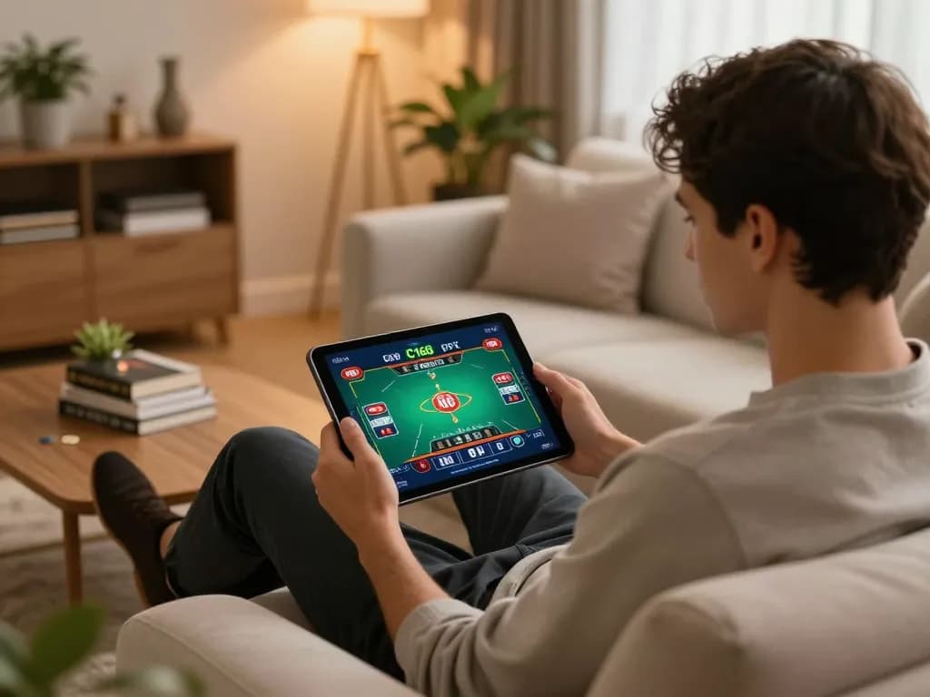 C168 player engaging in online casino gameplay on a tablet from a cozy home setting.