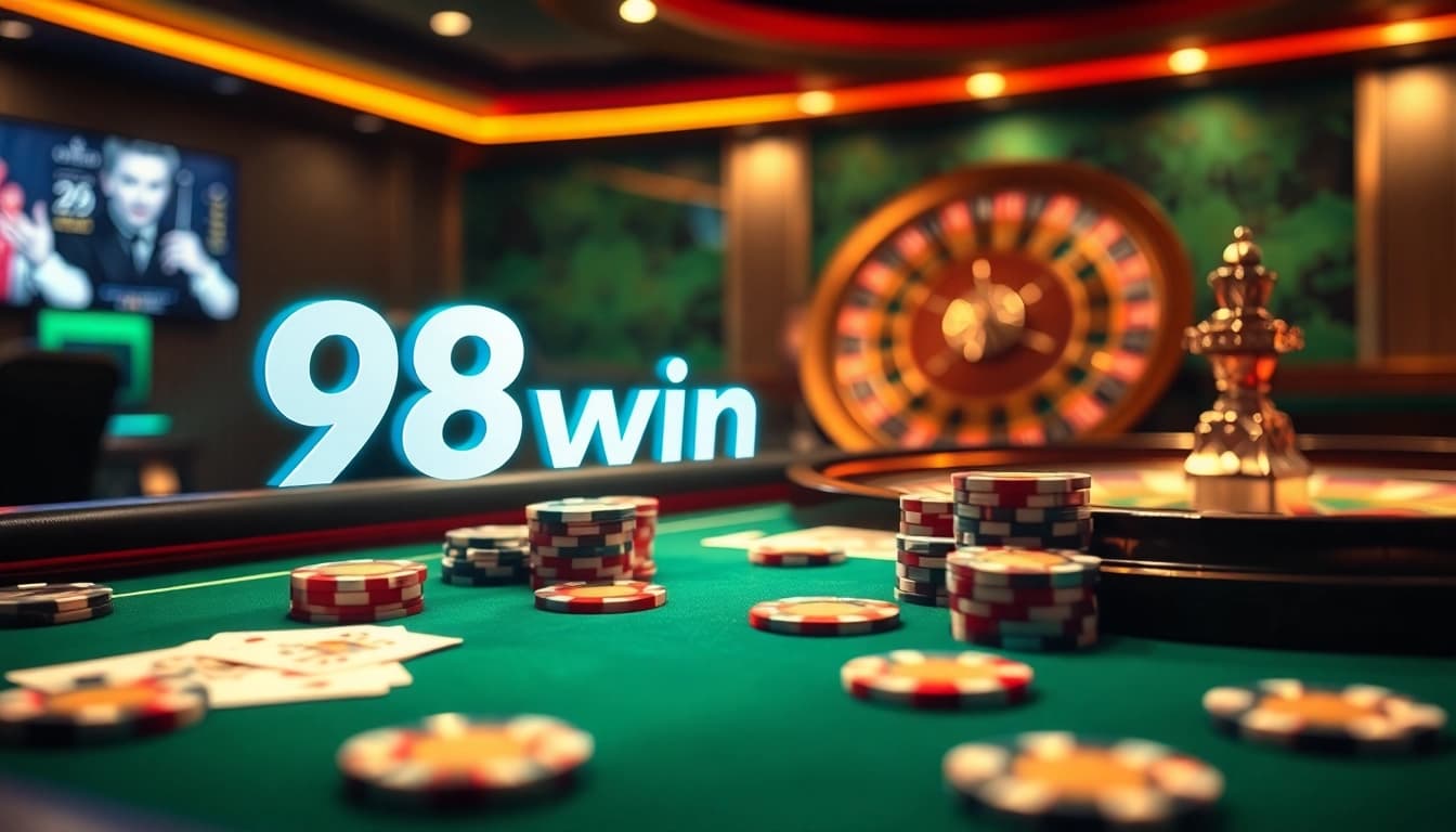 A lively casino scene at 98win trang chu showcasing poker chips and a roulette wheel, creating an engaging online gambling atmosphere.