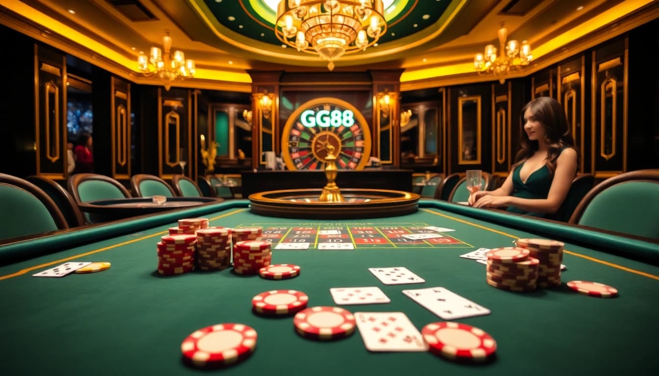 Intense GG88 casino action featuring poker chips and a roulette wheel in a luxurious setting.