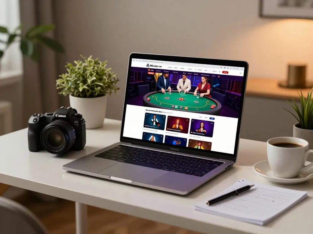 Engaging with nha cai uy tin website for poker games on a laptop in a stylish home setup.