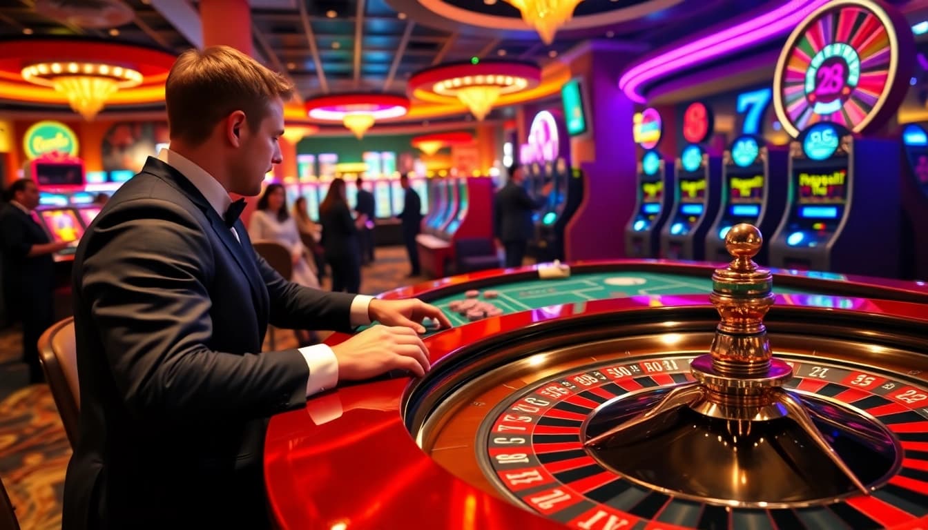 A player enjoying a thrilling game at https://888vnd.org/ roulette table, surrounded by vibrant casino lights.