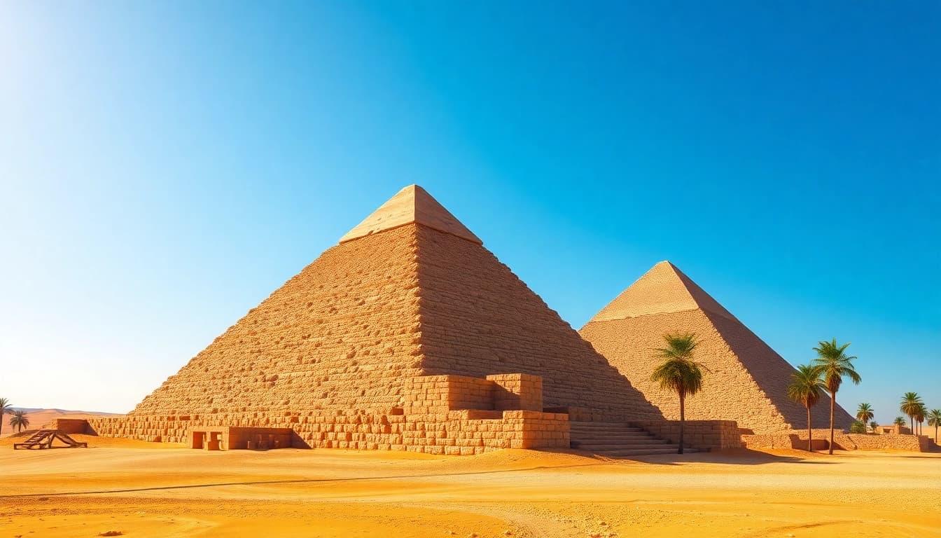 Pyraminds rising majestically in Giza, showcasing their grandeur against a clear sky.