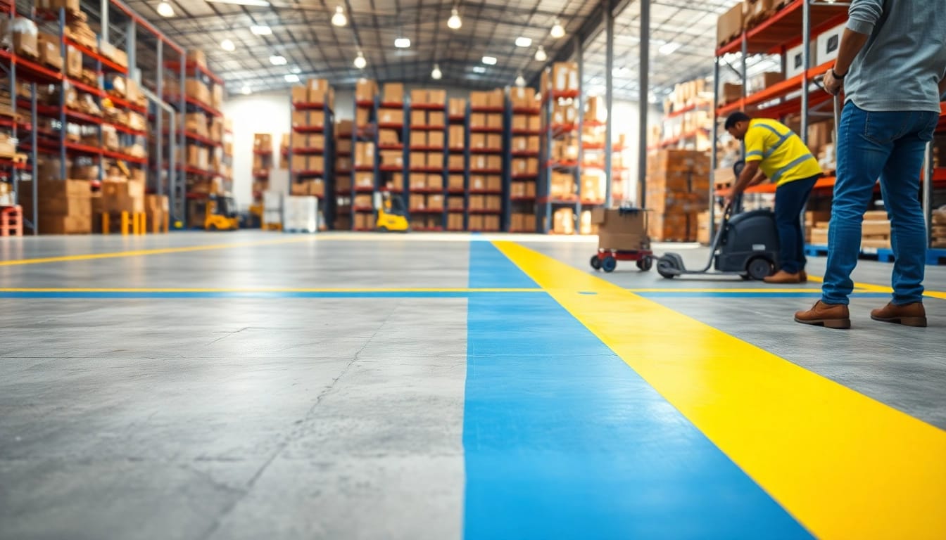 Warehouse floor striping Jackson MS demonstrating vibrant lines in an industrial setting.