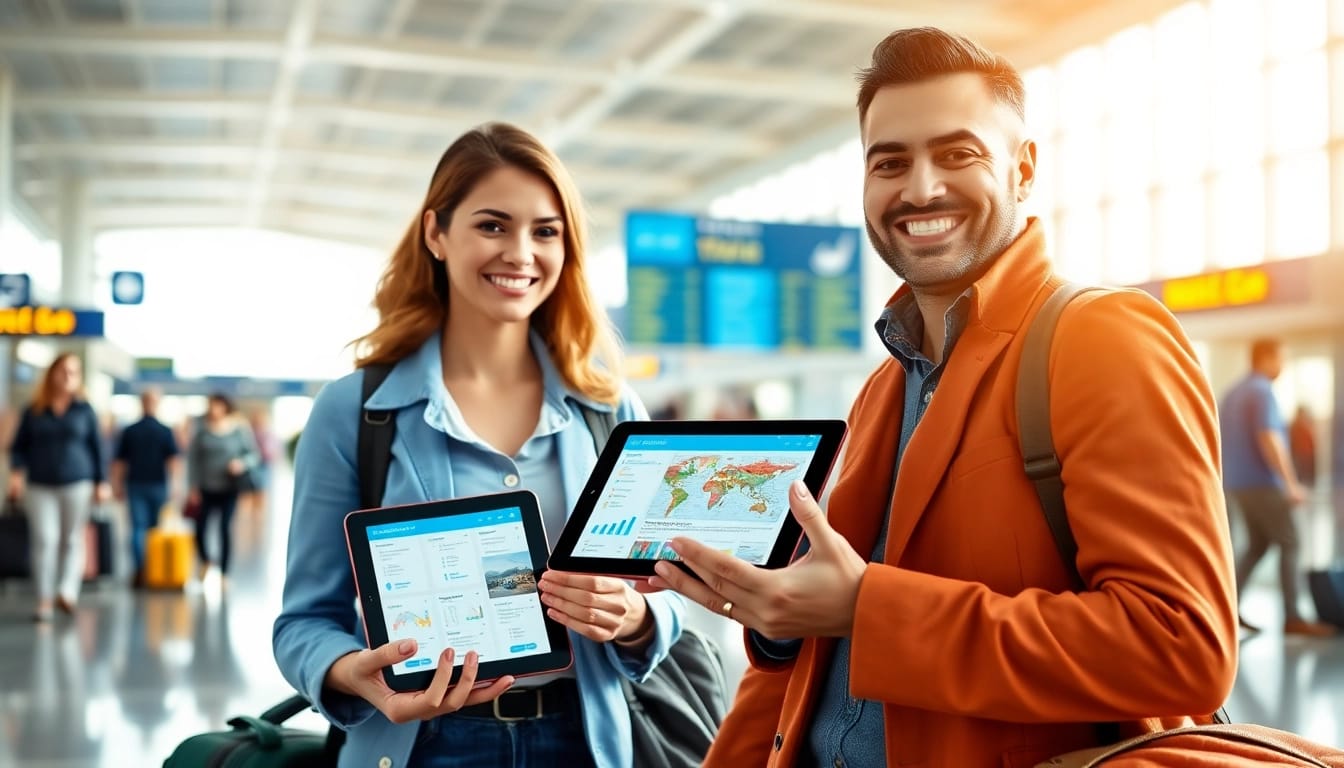 Travel assistant helping travelers with their itineraries in an airport environment.