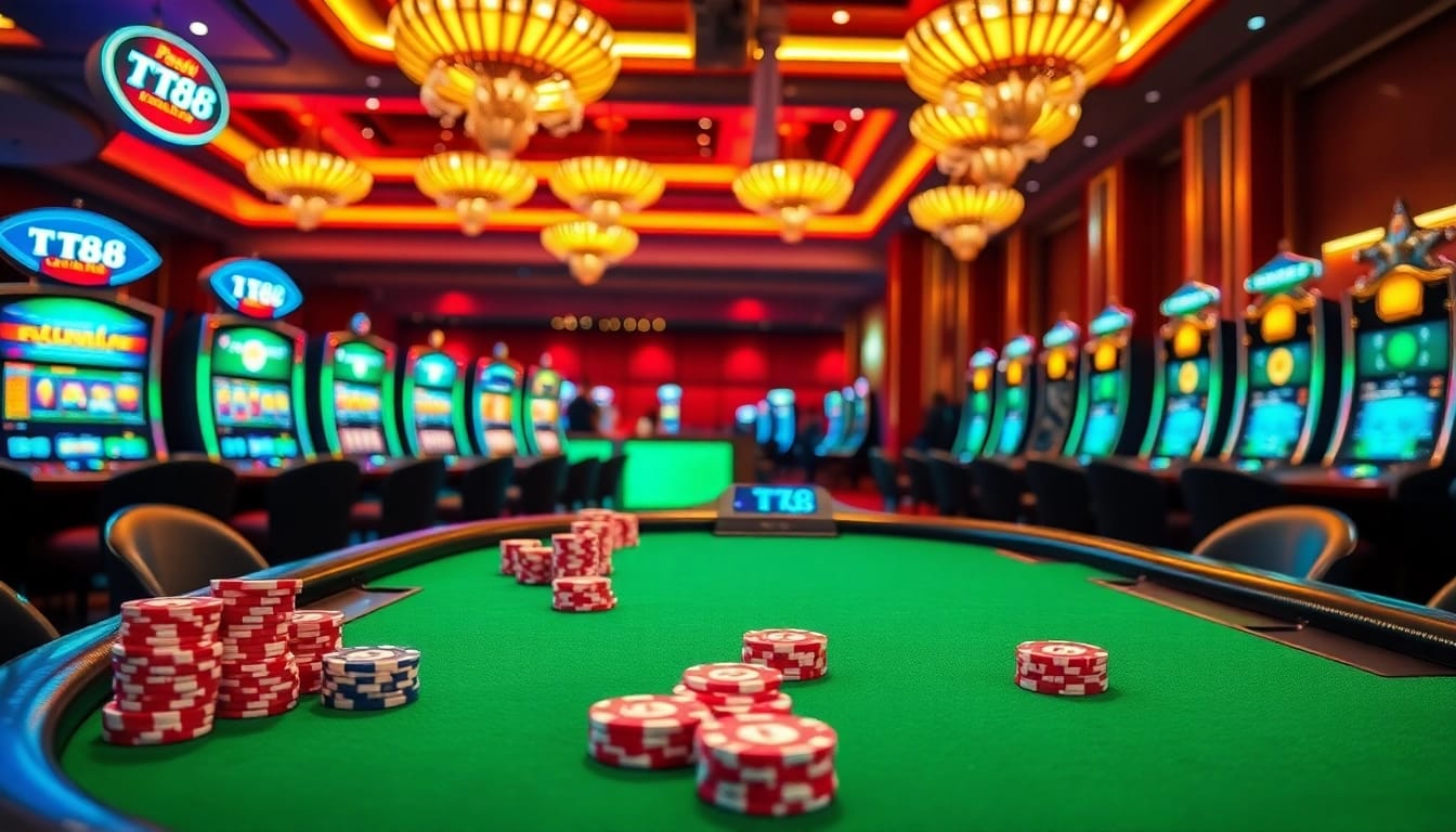 Players enjoying TT88 gaming setup with vibrant casino atmosphere and poker chips.