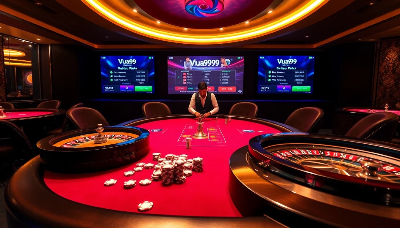 Vua99 players engaged in an exciting game at a vibrant casino table illuminated by golden lights.