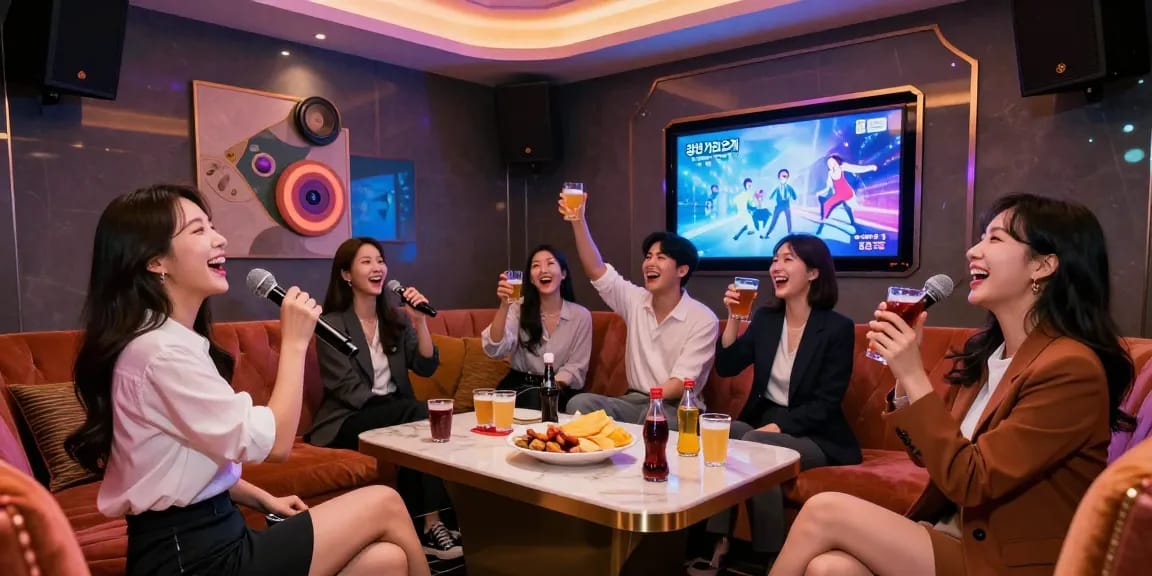 강남가라오케의 화려한 룸에서 친구들과 즐거운 시간을 보내는 모습