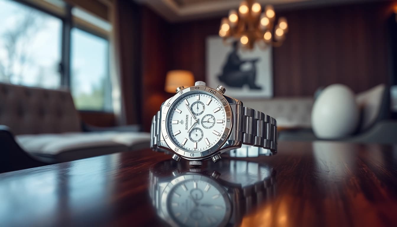 Showcasing a detailed replica watch on a polished surface, highlighting craftsmanship and elegance.