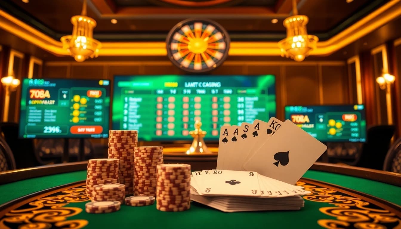 rr88 đăng nhập: A vibrant casino scene with poker chips and roulette for thrilling online gambling.