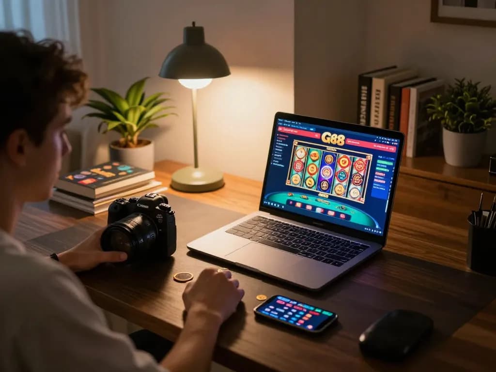 Person using GG 88 online casino on laptop at home, engaged in excited gameplay.