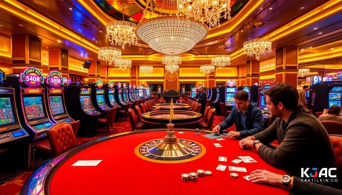 KJC AC showcases an exciting poker tournament atmosphere with players, chips, and vibrant tables.