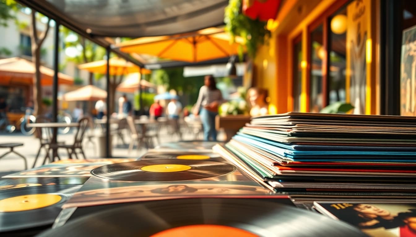 Explore vibrant vinyl records with colorful album art in an inviting café setting.