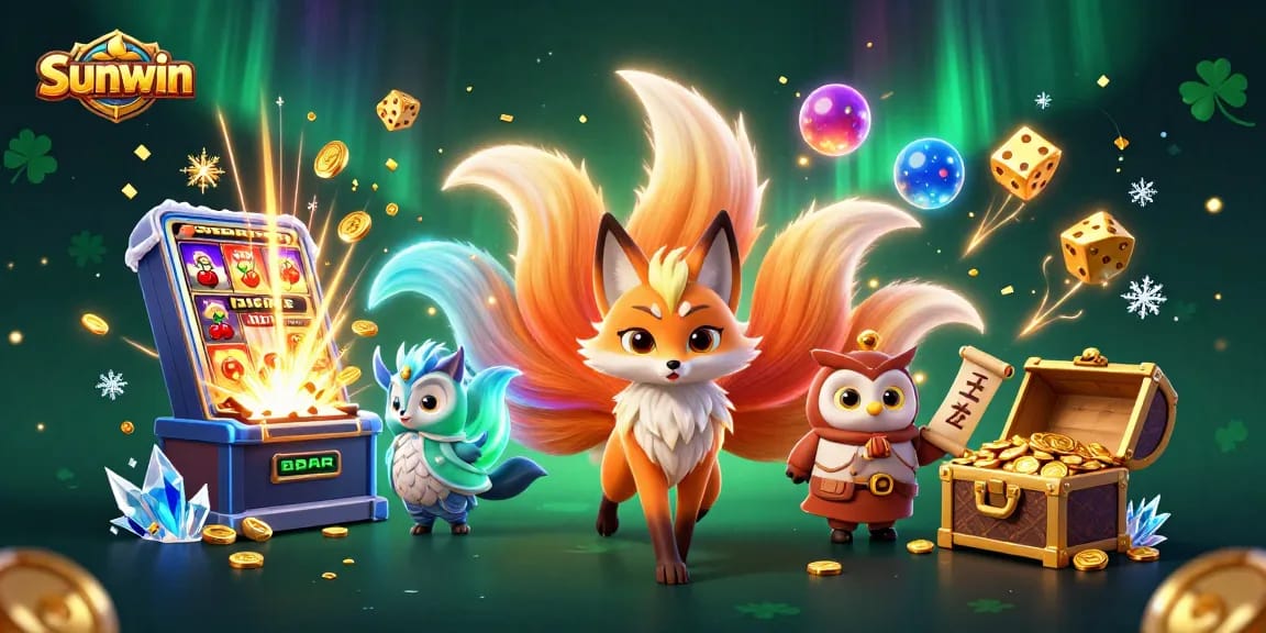 Win big with Sunwin in a vibrant fantasy casino scene featuring a nine-tailed fox and lucky charms.