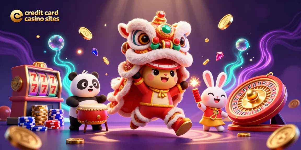 Cute characters celebrating in a lion dance at credit card casino sites with 3D slots, roulette wheel, and vibrant decorations.