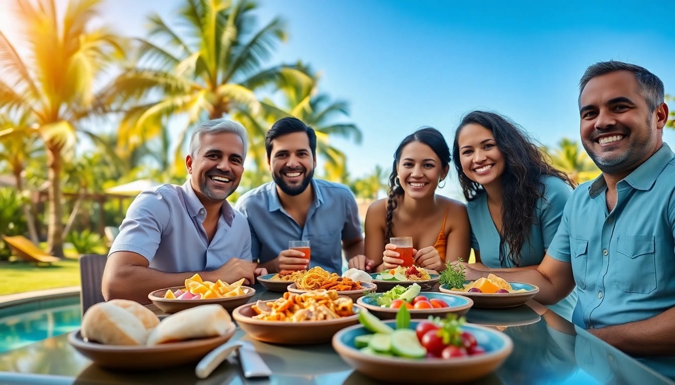 Families enjoying timeshare south africa vacation at a sunny resort, showcasing joy and local cuisine.