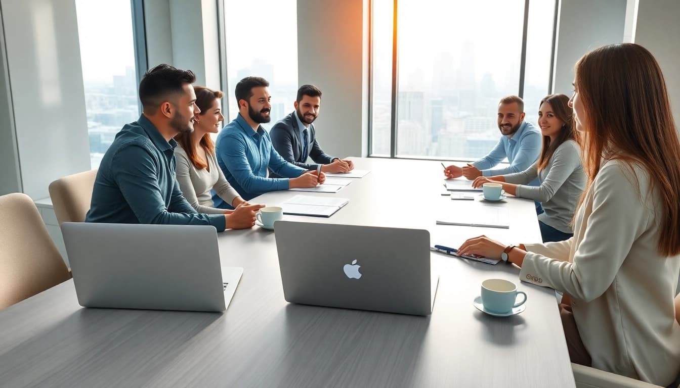 Engaged individuals in a business meeting discussing strategies in a modern office.
