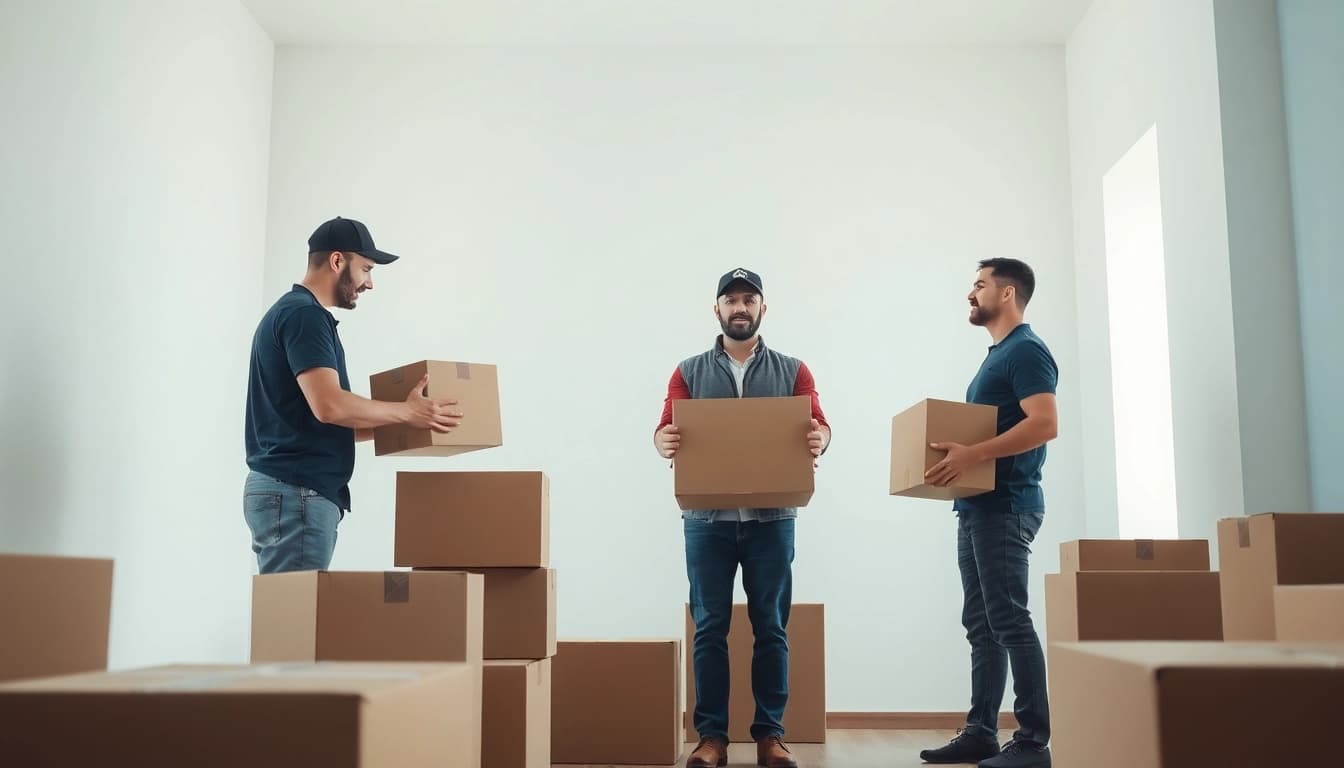 Movers in auburn packaging items efficiently in a bright, organized environment.