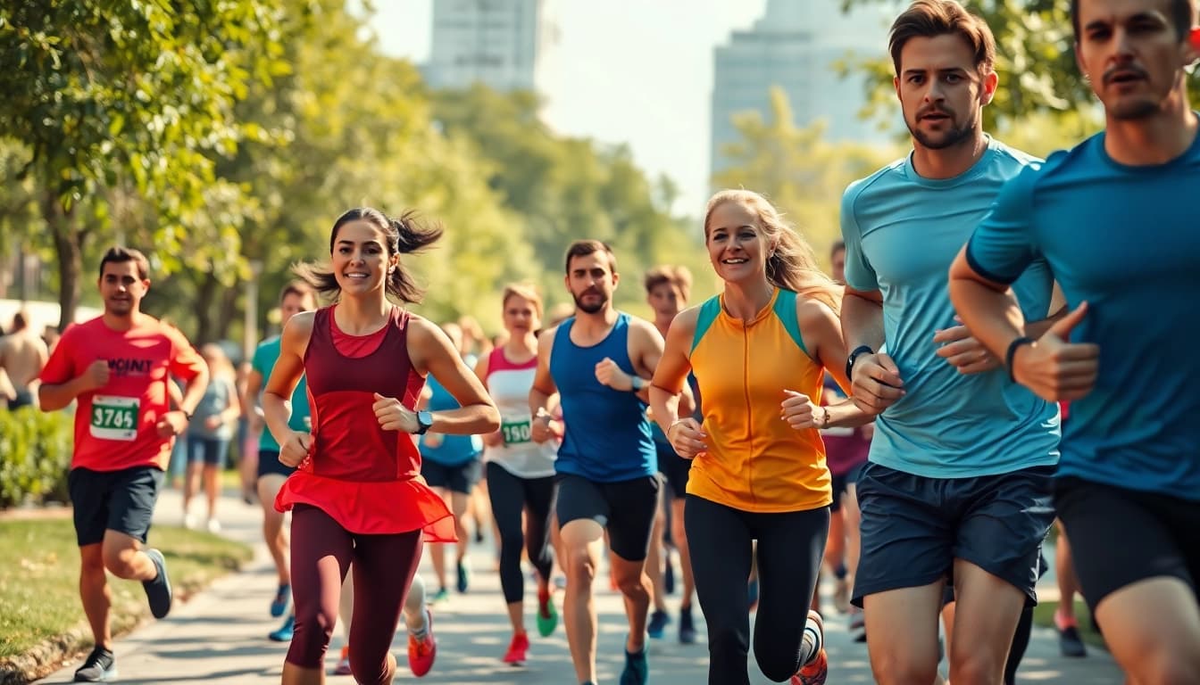 Runners showcasing stylish and functional running gear on a dynamic urban path
