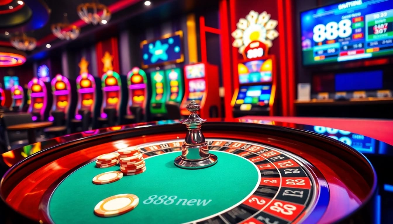 Experience thrilling gameplay at 888new with vibrant casino tables and colorful slot machines.