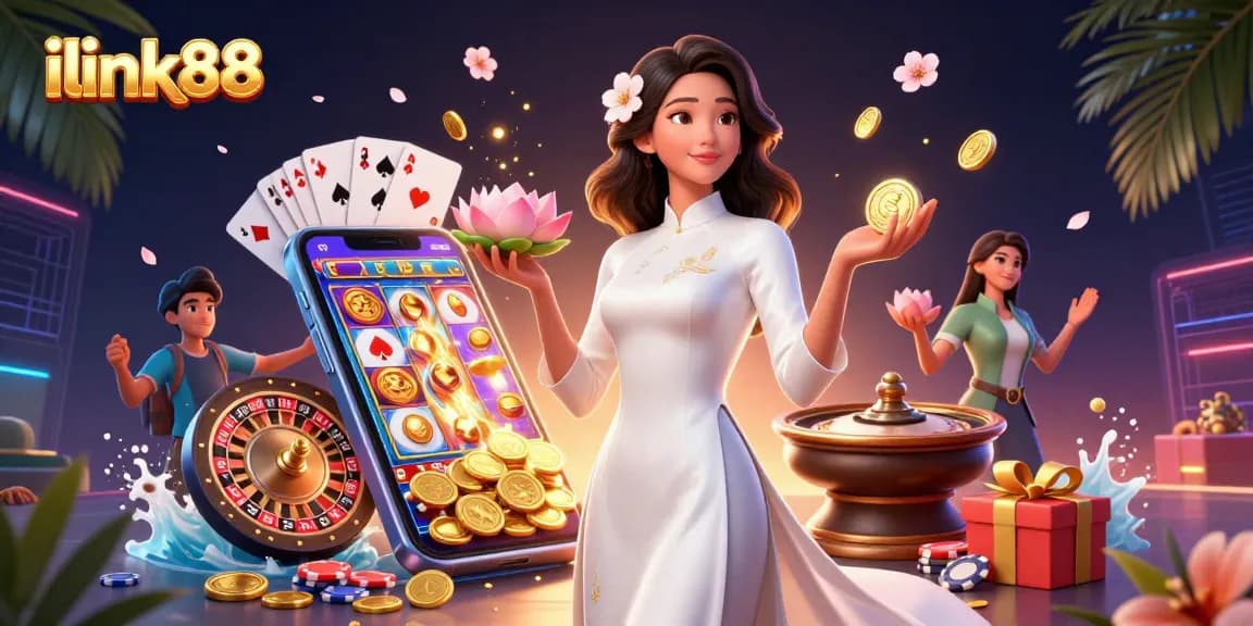 ilink88 offers thrilling gaming action with a beautifully illustrated Vietnamese woman in a casino setting.