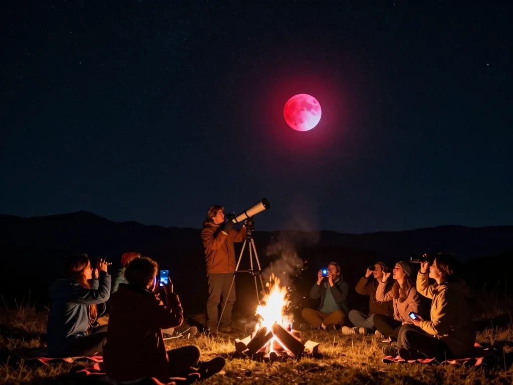 Stargazers observe a total lunar eclipse with excitement under the starry night sky.