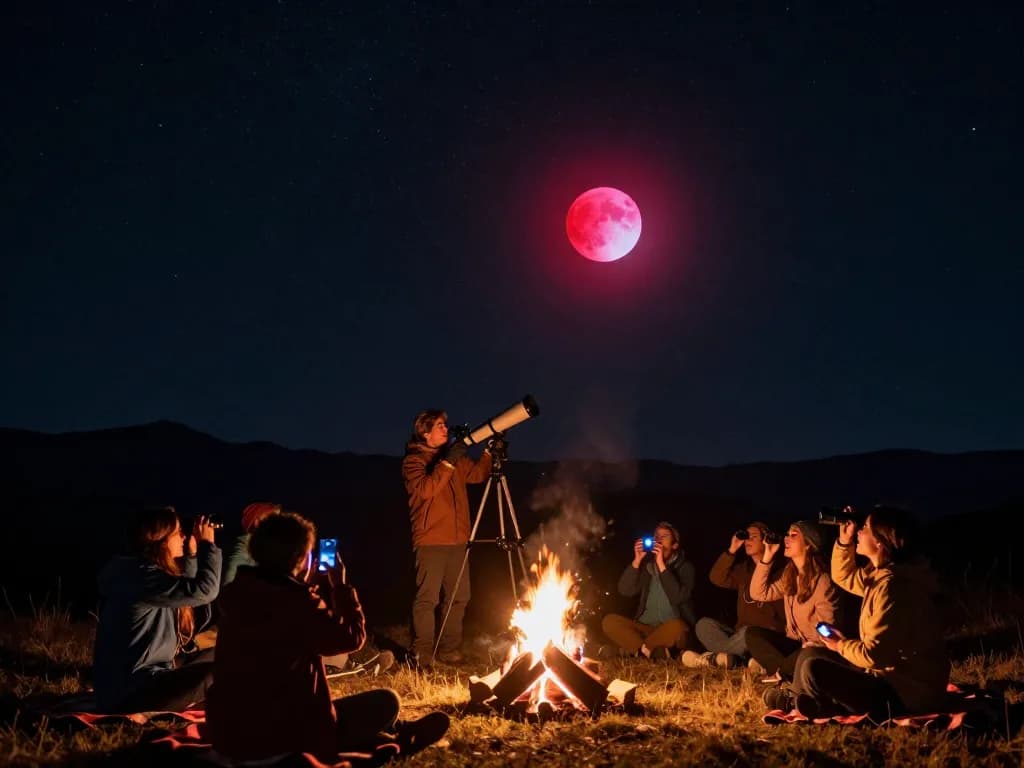 Stargazers observe a total lunar eclipse with excitement under the starry night sky.